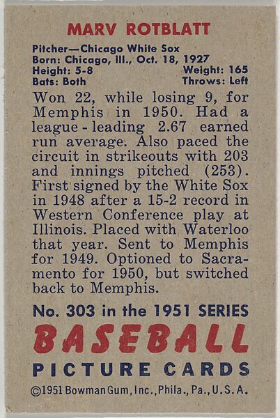 Marv Rotblatt, Pitcher, Chicago White Sox, from Picture Cards, series 5 (R406-5) issued by Bowman Gum, Issued by Bowman Gum Company, Commercial color lithograph