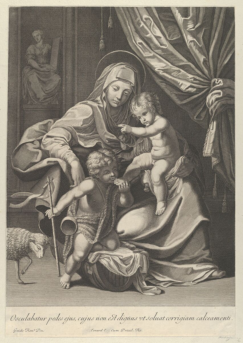 The Virgin seated with the infant Christ on her lap, the young Saint John the Baptist kneeling on Christ's cradle and kissing his foot, a lamb at left, after Reni, Anonymous, 17th century, Engraving 