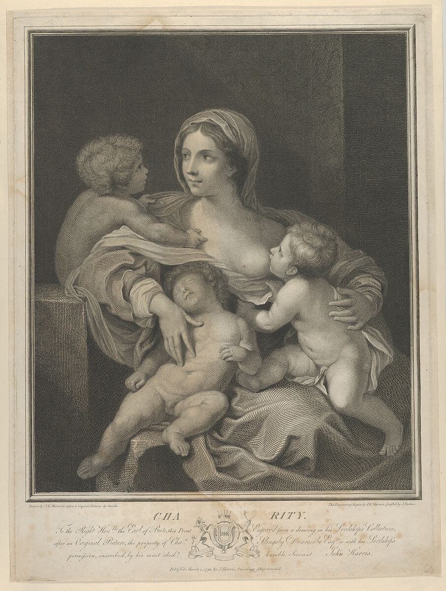 Charity seated nursing an infant, another sleeping on her lap and a third talking to her, after Reni, John Keyse Sherwin (British, East Dean, Sussex 1751–1790 London), Engraving 