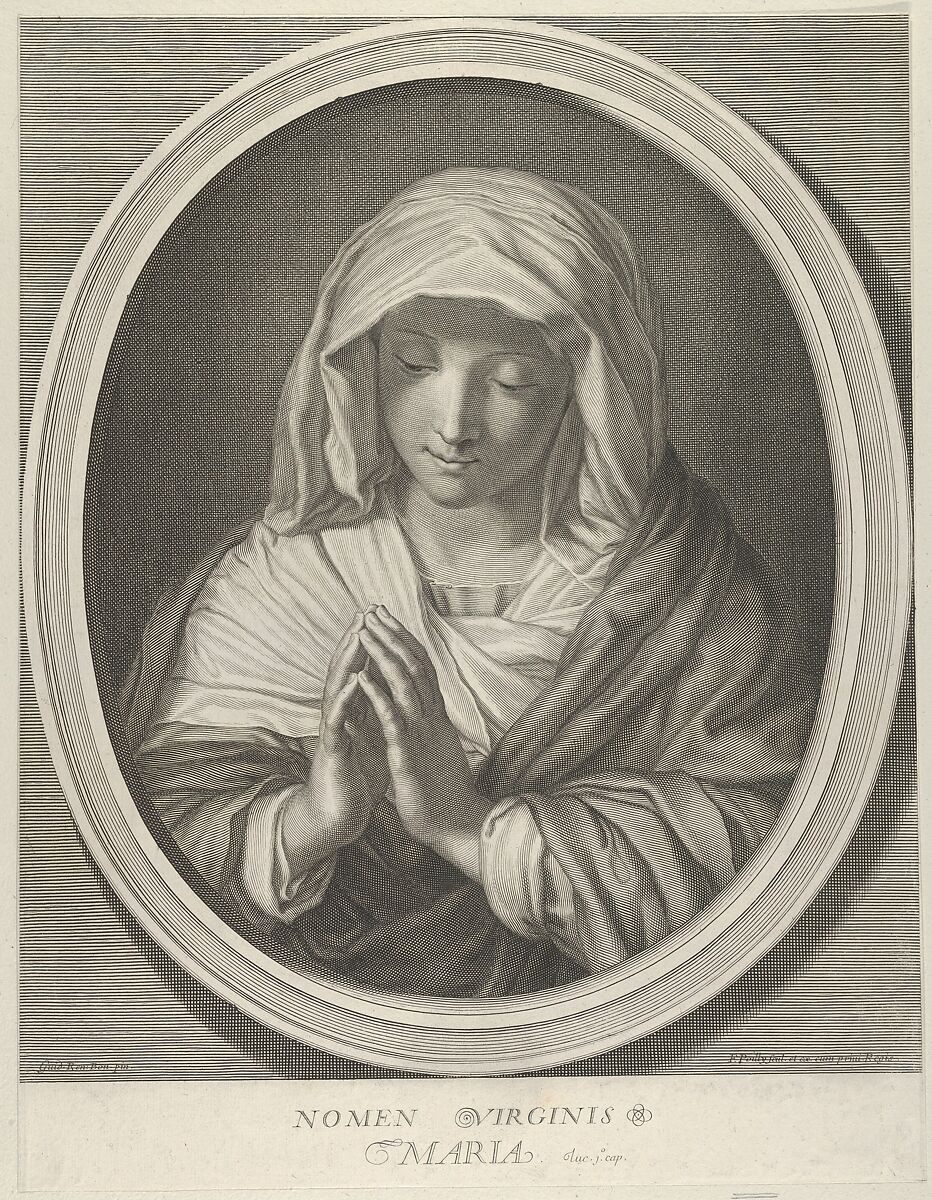 The Virgin in prayer looking down, in an oval frame, after Reni, Engraved by Francois de Poilly (French, Abbeville 1623–1693 Paris), Engraving 