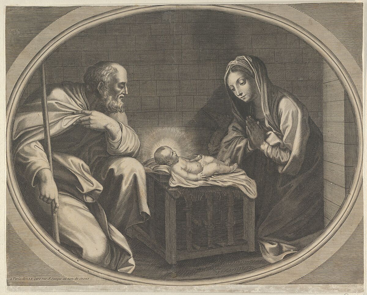 The Virgin kneeling in prayer before the infant Christ who is lying on a wooden box, Saint Joseph at left, a mule at right, in an oval frame, after Reni, Anonymous, Engraving 