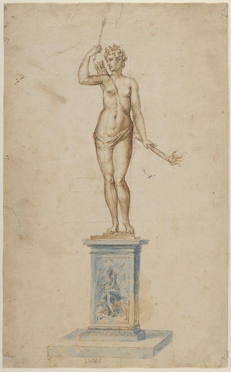 The Goddess Diana as a Personification of the Moon (Luna), Attributed to Jacques Jonghelinck (Netherlandish, Antwerp 1530–1606 Antwerp), Pen and brown ink, brown and blue washes, red chalk, white gouache, over black chalk, squared in black chalk 