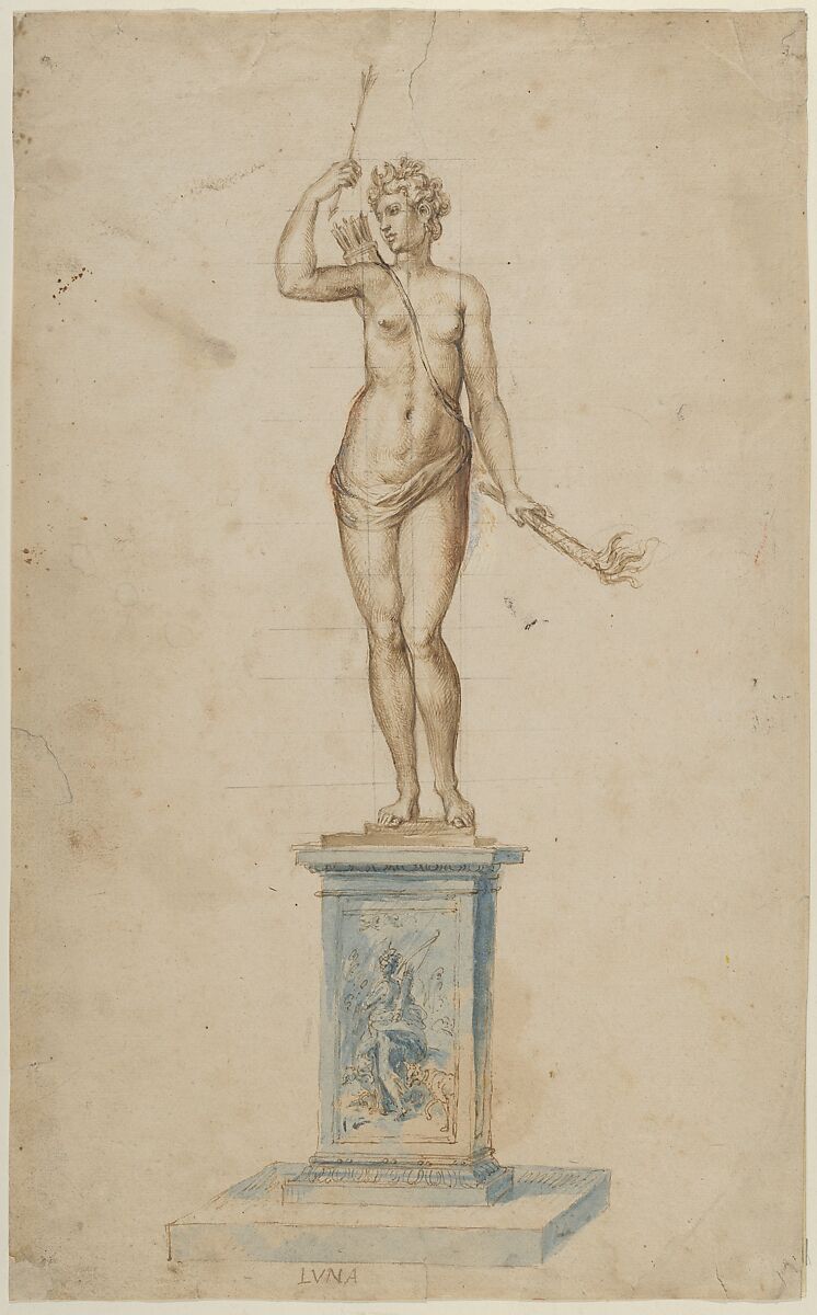 The Goddess Diana as a Personification of the Moon (Luna), Attributed to Jacques Jonghelinck (Netherlandish, Antwerp 1530–1606 Antwerp), Pen and brown ink, brush and brown and blue wash, red chalk, white gouache, over black chalk; squared in black chalk 