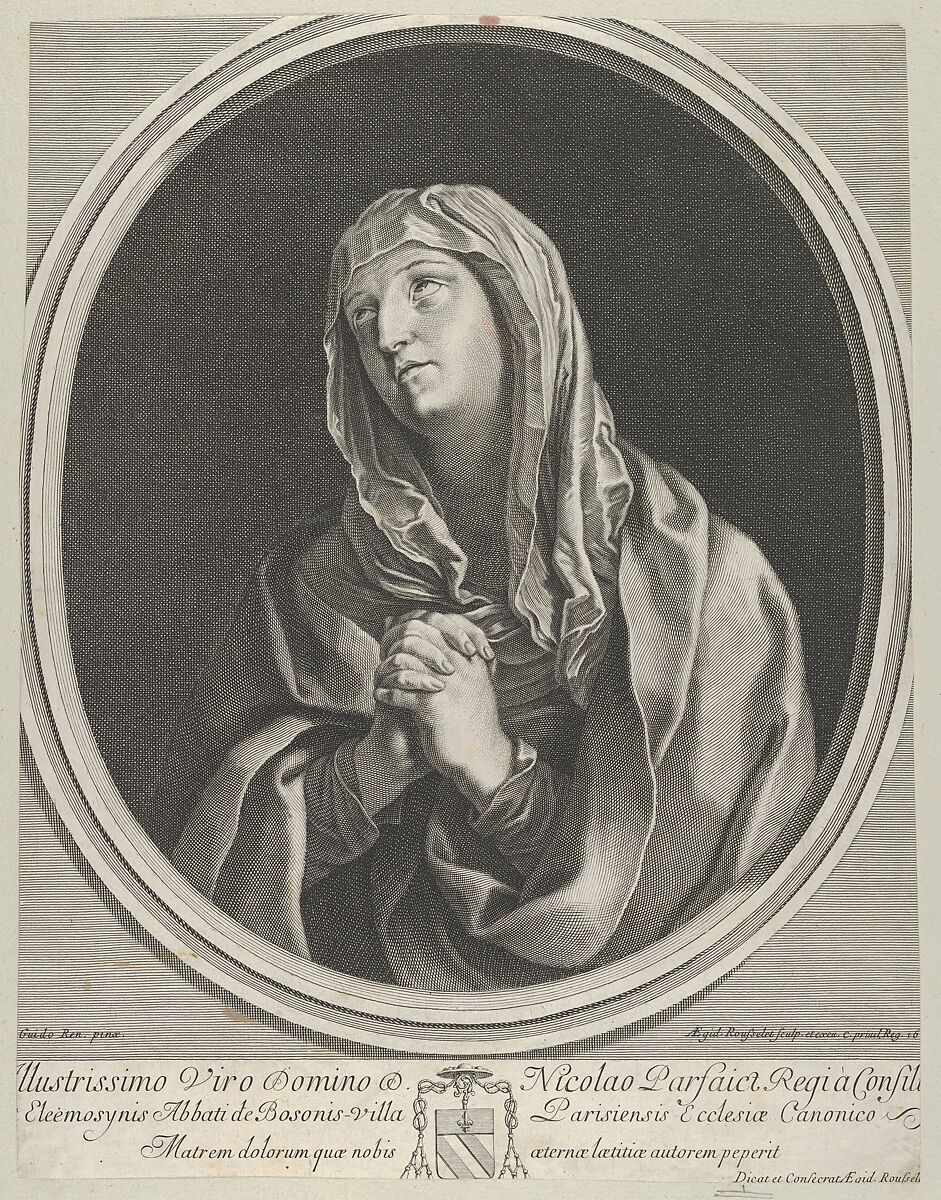 The Virgin in prayer looking up to the left, in an oval frame, after Reni, Engraved by Gilles Rousselet (French, Paris 1614–1686 Paris), Engraving 