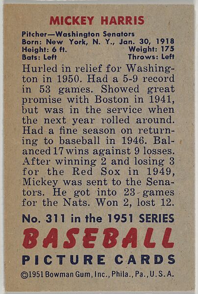 Mickey Harris, Pitcher, Washington Senators, from Picture Cards, series 5 (R406-5) issued by Bowman Gum, Issued by Bowman Gum Company, Commercial color lithograph