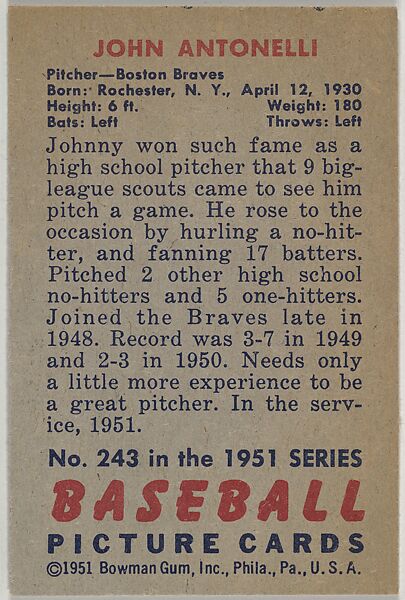 John Antonelli, Pitcher, Boston Braves, from Picture Cards, series 5 (R406-5) issued by Bowman Gum, Issued by Bowman Gum Company, Commercial color lithograph
