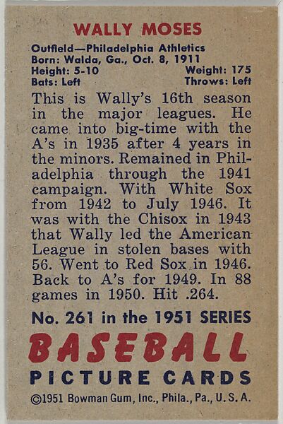Wally Moses, Outfield, Philadelphia Athletics, from Picture Cards, series 5 (R406-5) issued by Bowman Gum, Issued by Bowman Gum Company, Commercial color lithograph