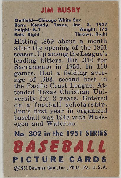 Jim Busby, Outfield, Chicago White Sox, from Picture Cards, series 5 (R406-5) issued by Bowman Gum, Issued by Bowman Gum Company, Commercial color lithograph