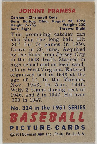 Johnny Pramesa, Catcher, Cincinnati Reds, from Picture Cards, series 5 (R406-5) issued by Bowman Gum, Issued by Bowman Gum Company, Commercial color lithograph