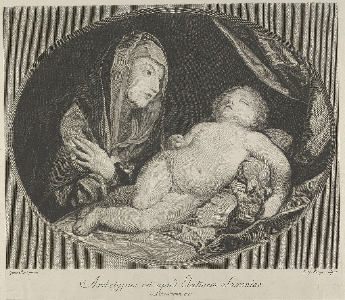 The Virgin with arms crossed over her chest looking at the sleeping infant Christ, in an oval frame, after Reni, Engraved by Ephraim Gottlieb Krüger (German, Dresden 1756–1834 Dresden), Engraving 