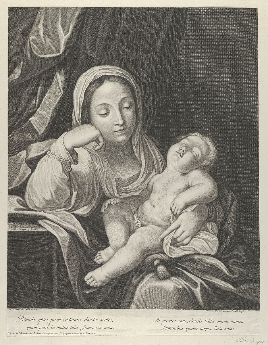 The Virgin seated with her head resting on her right hand, holding the sleeping infant Christ on her lap, after Reni, Engraved by Jean Boulanger (French, Troyes 1608–ca. 1680 Paris), Engraving 