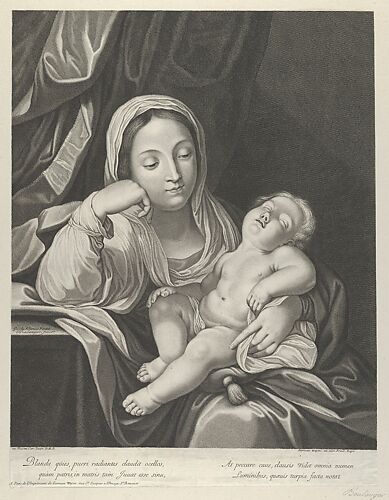 The Virgin seated with her head resting on her right hand, holding the sleeping infant Christ on her lap, after Reni