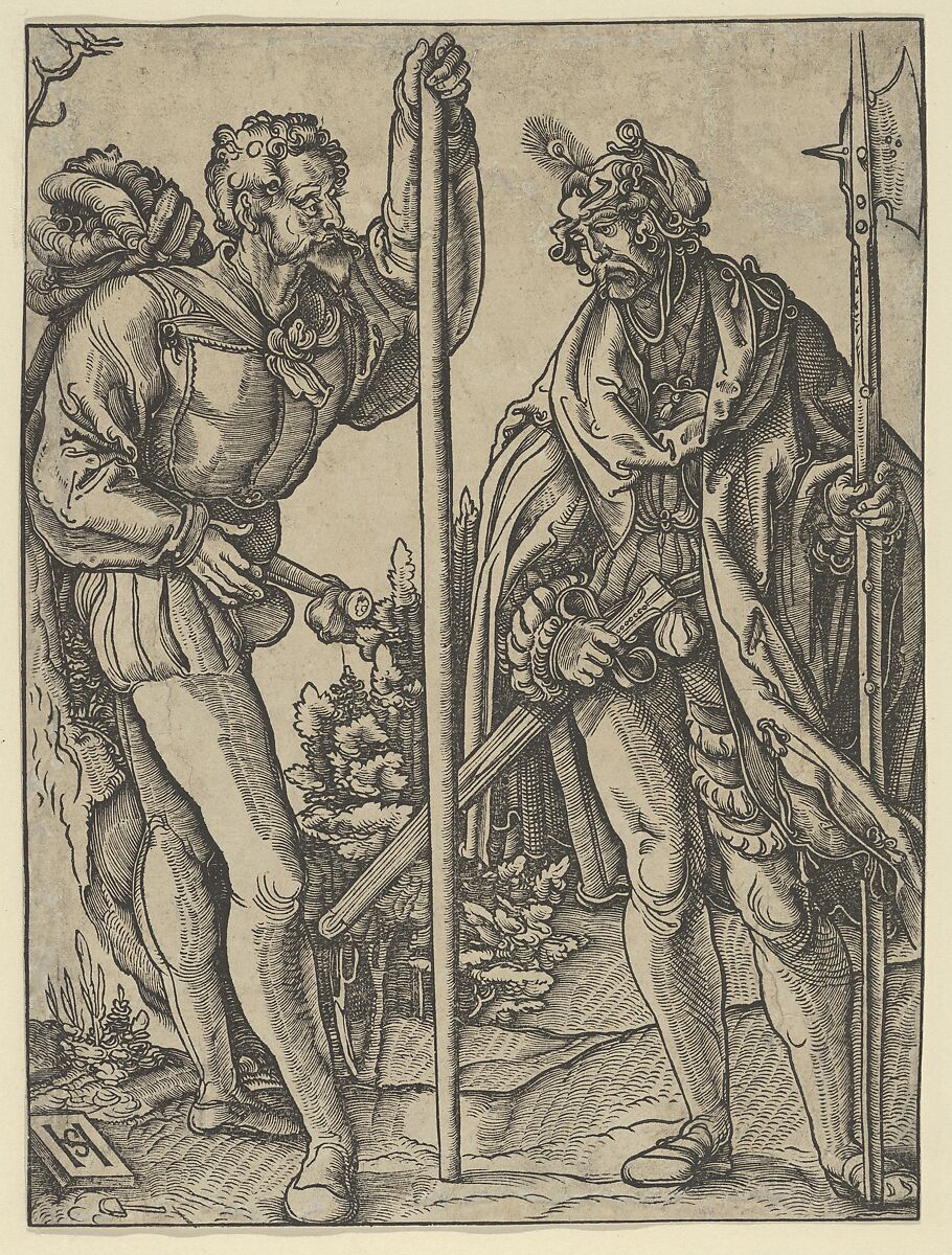 Two Soldiers with Lance and Halberd Conversing, Hans Schäufelein (German, Nuremberg ca. 1480–ca. 1540 Nördlingen), Woodcut 