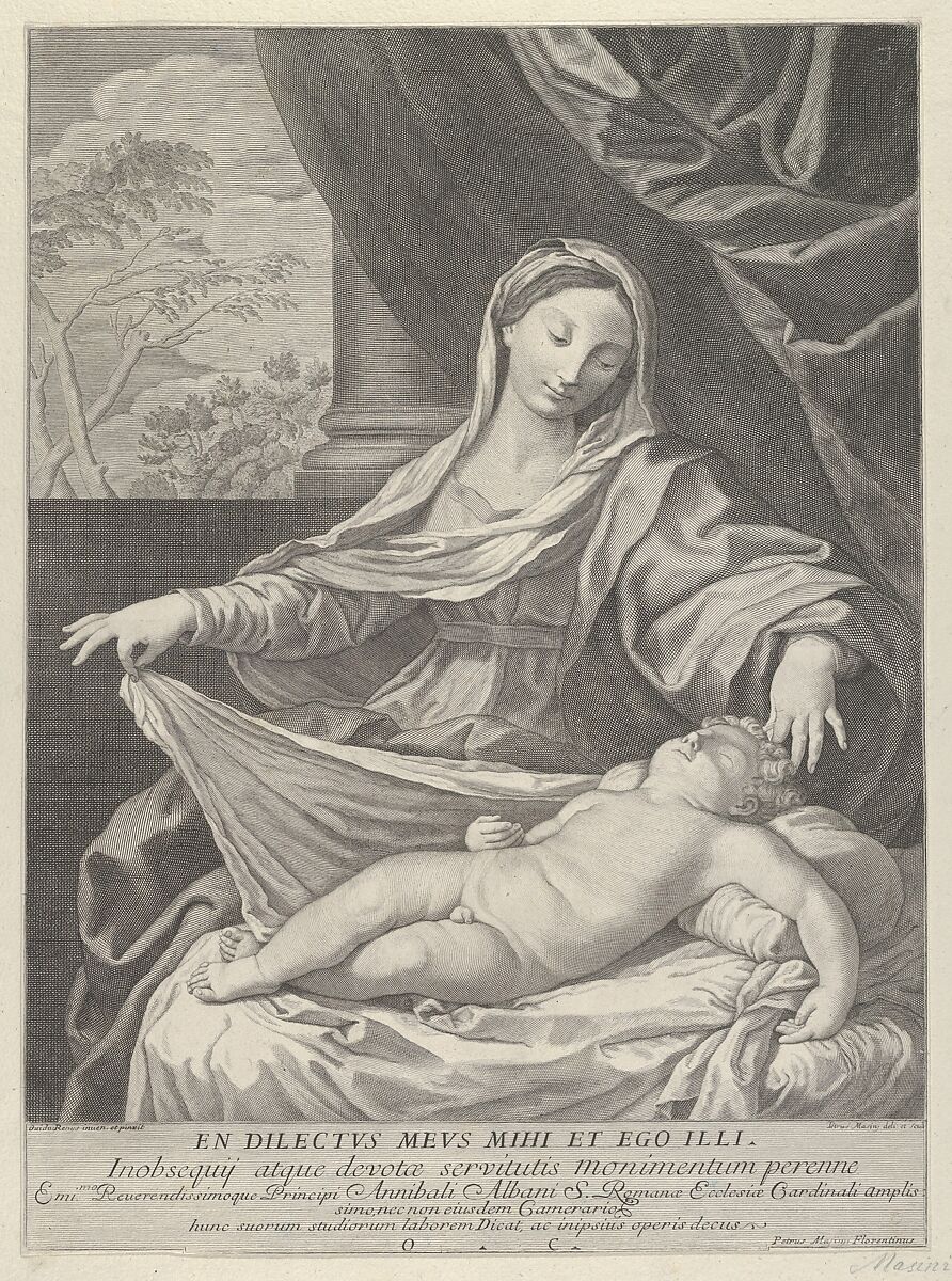 The Virgin holding a cloth above the sleeping infant Christ, after Reni, Engraved by Pietro Masini (Italian), Engraving 