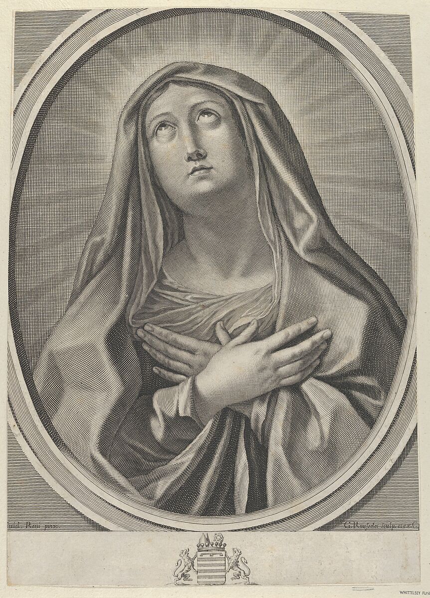 The Virgin with arms crossed over her chest, looking up to the left, in an oval frame, after Reni, Engraved by Gilles Rousselet (French, Paris 1614–1686 Paris), Engraving 