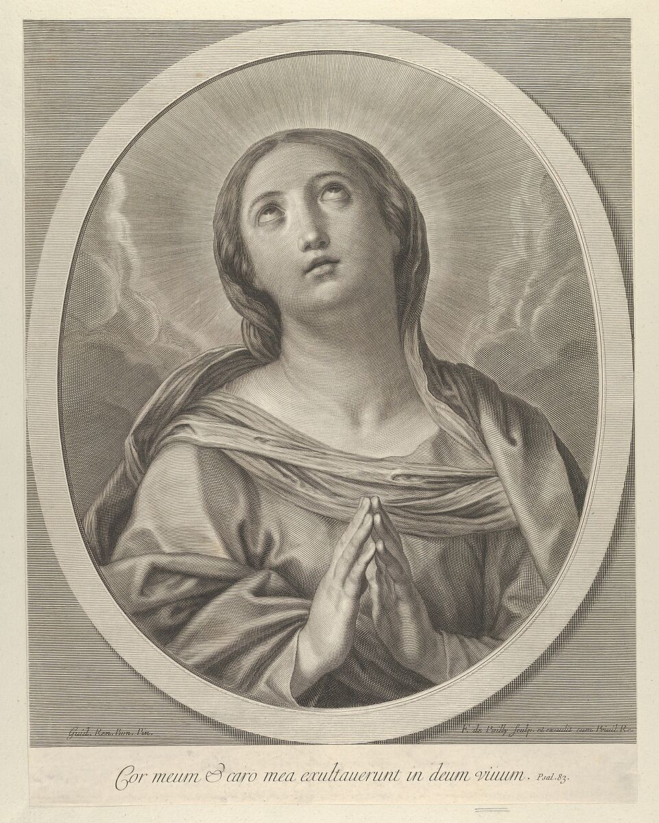 The Virgin in prayer, looking up with clouds behind her, in an oval frame, after Reni, Engraved by Francois de Poilly (French, Abbeville 1623–1693 Paris), Engraving 