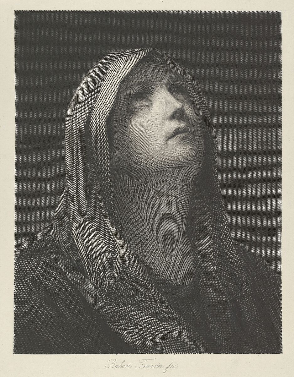 Head of the Virgin looking up to the right, after Reni, Engraved by Robert Trossin (German, Bromberg (Bydgoszcz) 1820–1896 Berlin), Engraving 