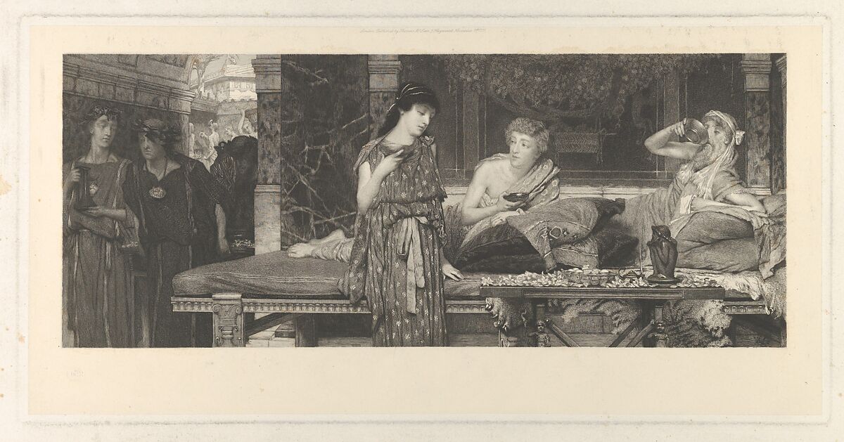 The First Course–The Dinner, After Sir Lawrence Alma-Tadema (British (born The Netherlands), Dronrijp 1836–1912 Wiesbaden), Etching on chine collé; proof 