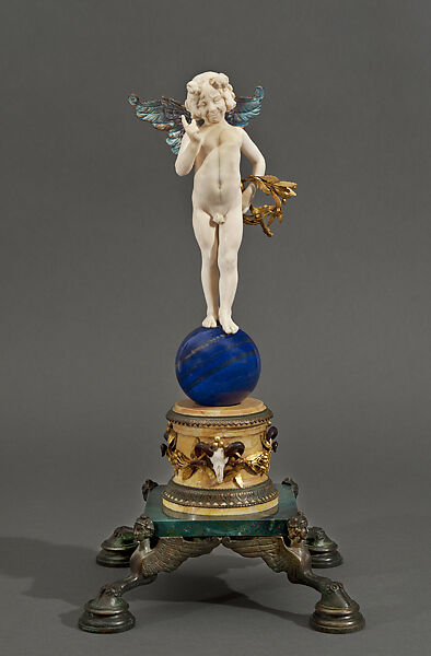 Cupid, Frederick William MacMonnies (American, New York 1863–1937 New York), Ivory, lapis lazuli, marble, bloodstone, bronze, silver alloy, gold, translucent enamels, wood, American