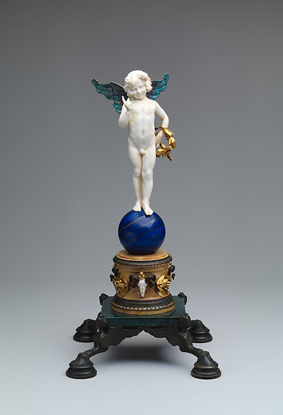 Cupid, Frederick William MacMonnies (American, New York 1863–1937 New York), Ivory, lapis lazuli, marble, bloodstone, bronze, silver alloy, gold, translucent enamels, wood, American 