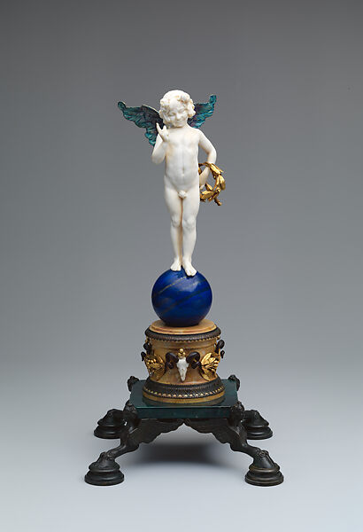 Cupid, Frederick William MacMonnies  American, Ivory, lapis lazuli, marble, bloodstone, bronze, silver alloy, gold, translucent enamels, wood, American