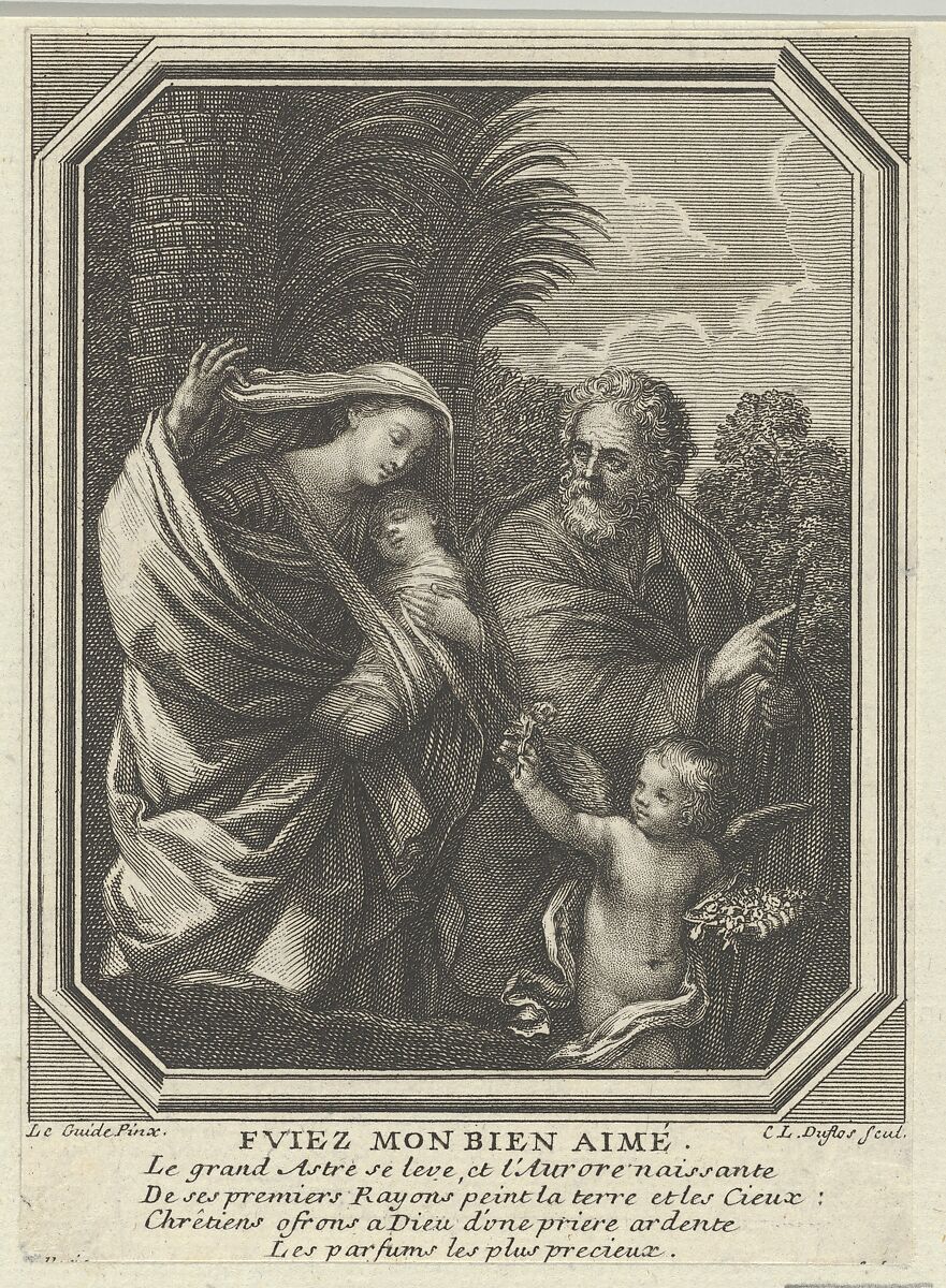 The Flight into Egypt; the holy family walking with the young John the Baptist, trees behind them, in an octagonal frame, after Reni, Engraved by Claude Augustin Duflos le Jeune (French, Paris 1700–1786 Paris), Engraving 