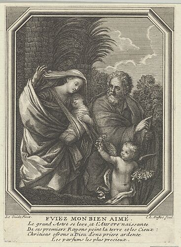 The Flight into Egypt; the holy family walking with the young John the Baptist, trees behind them, in an octagonal frame, after Reni