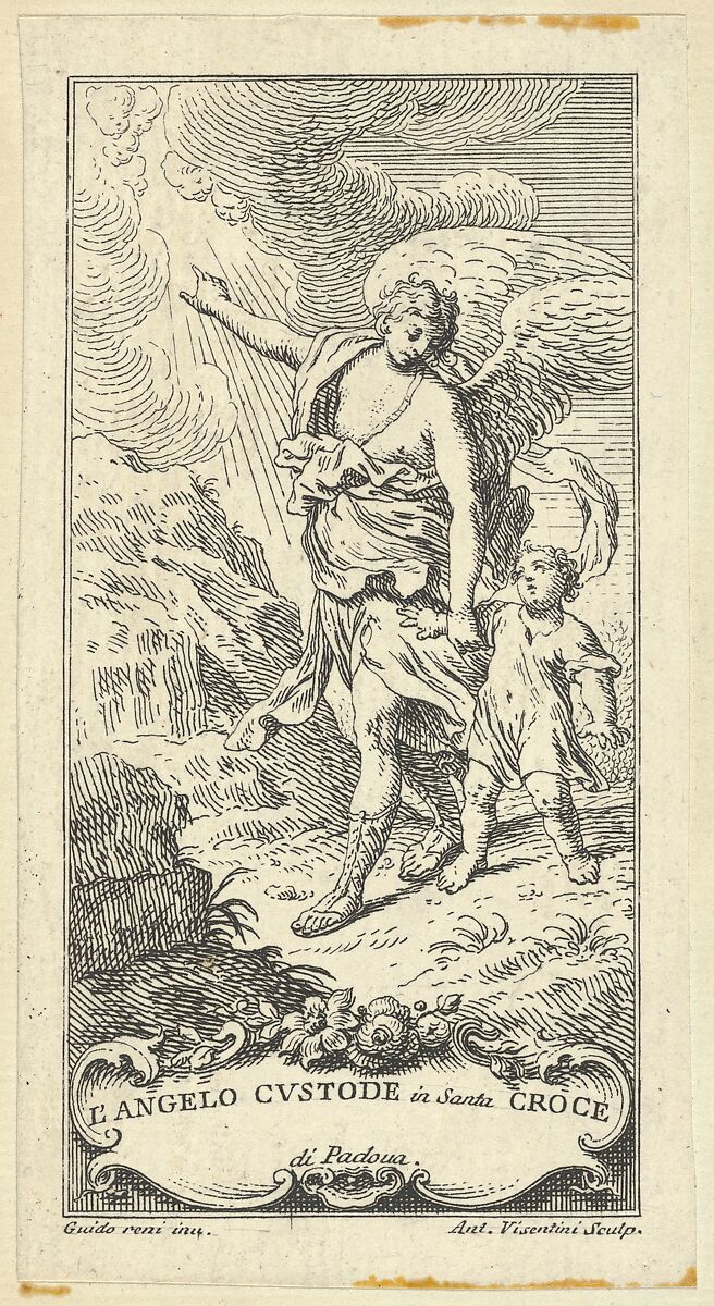 An angel leading a young boy and gesturing to the clouds, Antonio Maria Visentini (Italian, Venice 1688–1782 Venice), Etching 