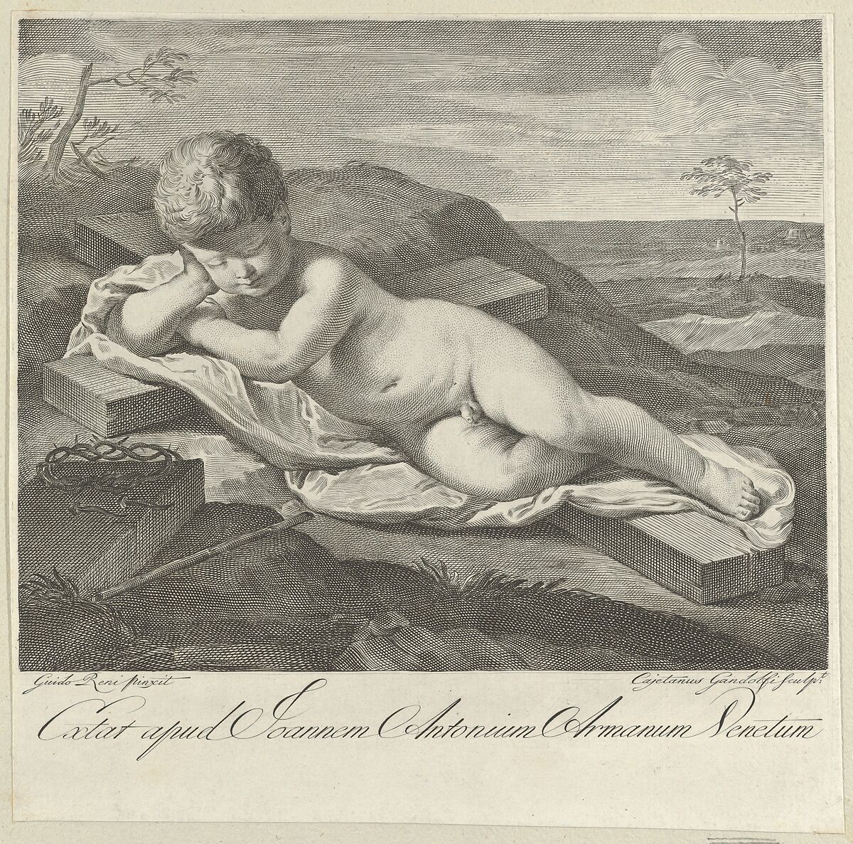 The Christ Child sleeping on a cross in a landscape, crown of thorns in the foreground, after Reni, Engraved by Gaetano Gandolfi (Italian, San Matteo della Decima 1734–1802 Bologna), Engraving 