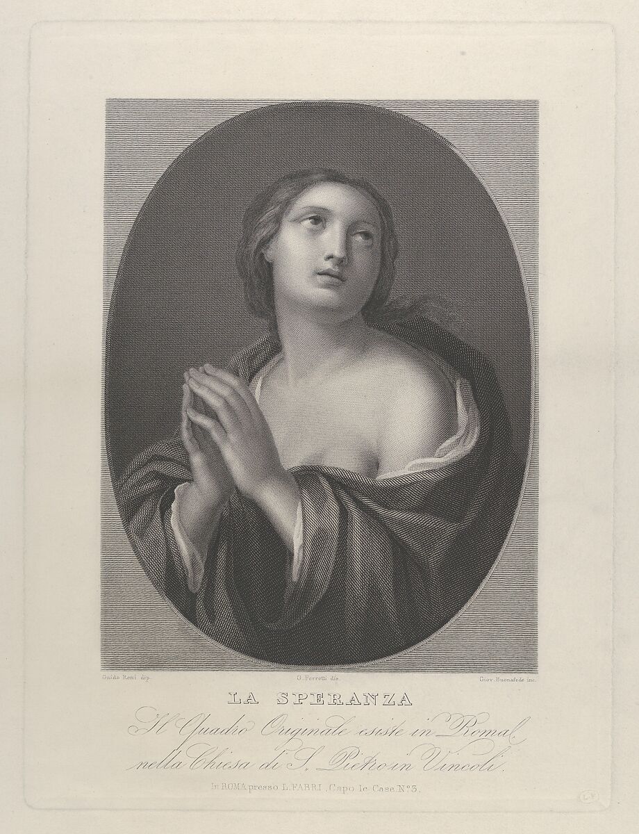 Female personification of Hope looking up with hands held together and left shoulder exposed, in an oval frame, after Reni, Engraved by Giovanni Buonafede (Italian, born Rome 1816), Engraving 