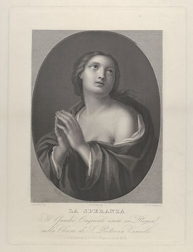 Female personification of Hope looking up with hands held together and left shoulder exposed, in an oval frame, after Reni