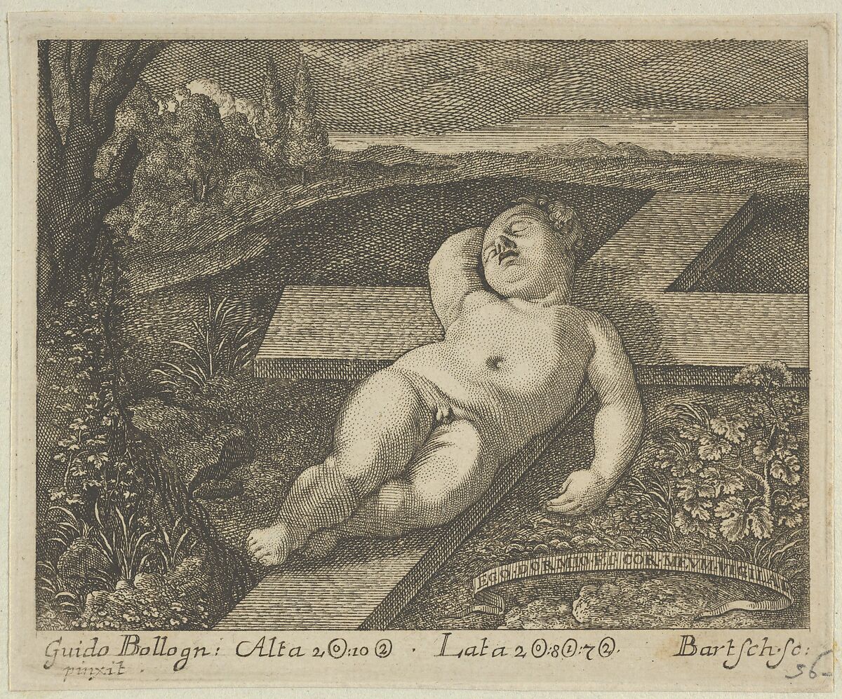 The Christ Child sleeping on a cross in a landscape, after Reni, Engraved by Johann Gottfried Bartsch (German, active 1670–90), Engraving 