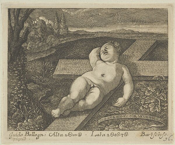 The Christ Child sleeping on a cross in a landscape, after Reni