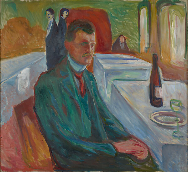 Self Portrait with a Bottle of Wine, Edvard Munch (Norwegian, Løten 1863–1944 Ekely), Oil on canvas 