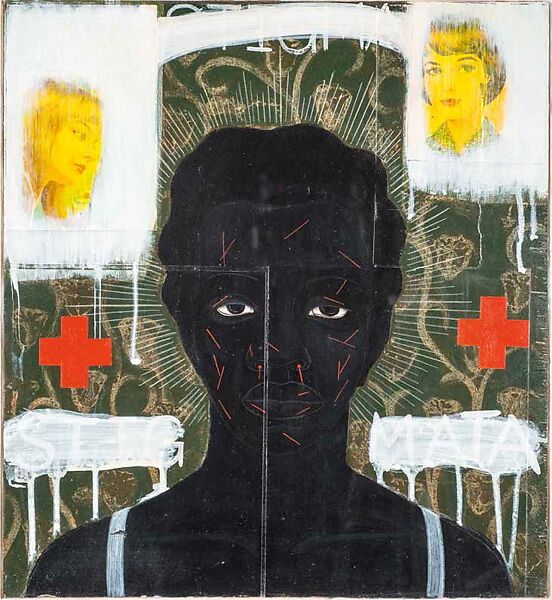Stigma Stigmata, Kerry James Marshall (American, born Birmingham, Alabama, 1955), Acrylic and collage on panel 