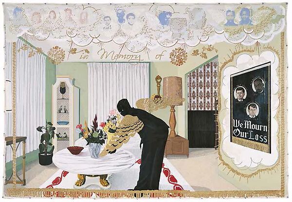 Souvenir I, Kerry James Marshall (American, born Birmingham, Alabama, 1955), Acrylic, collage, silkscreen, and glitter on canvas 