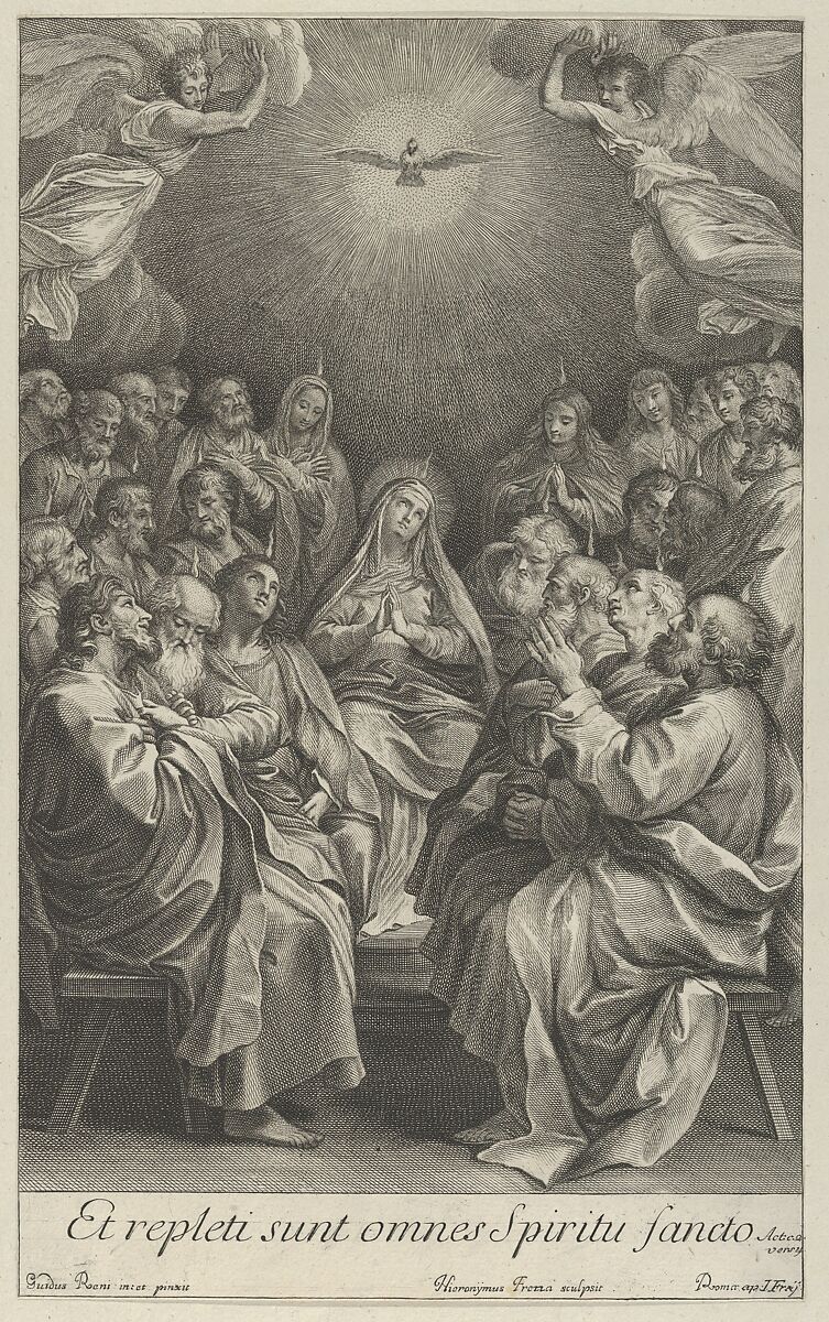 The Virgin with apostles looking up towards the Holy Dove and two angels, after Reni, Engraved by Giovanni Girolamo Frezza (Italian, Canemorto 1671–ca. 1748 Rome), Engraving 