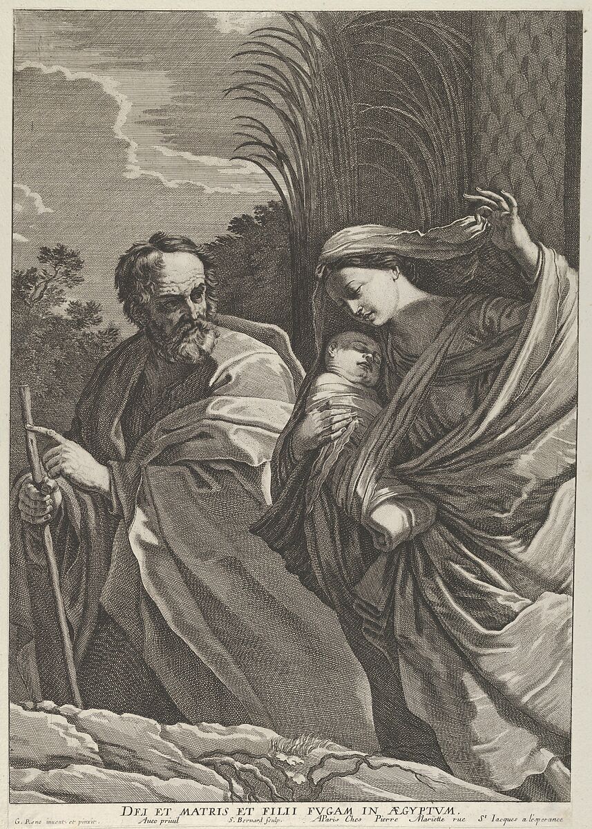 The Flight into Egypt; the Virgin carrying the infant Christ, Joseph pointing to the left, trees behind them, after Reni, Engraved by Samuel Bernard (French, Paris 1615–1687 Paris), Engraving 