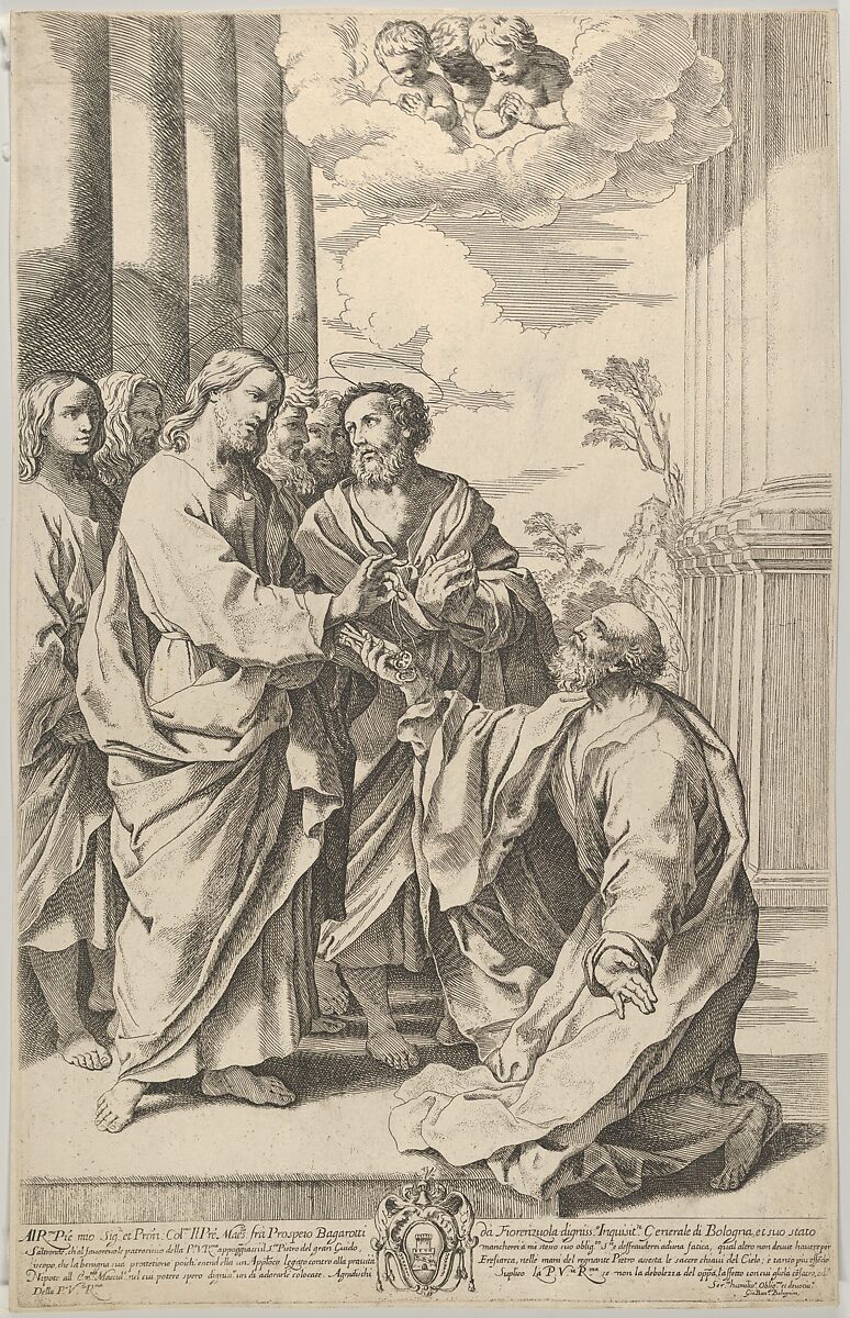 Christ giving the keys of the church to Saint Peter who kneels before him, Gian Battista Bolognini (Italian, Bologna 1611–1688 Bologna), Etching 