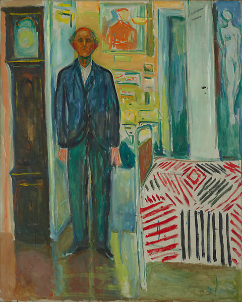 Self Portrait between the Clock and the Bed, Edvard Munch (Norwegian, Løten 1863–1944 Ekely), Oil on canvas 