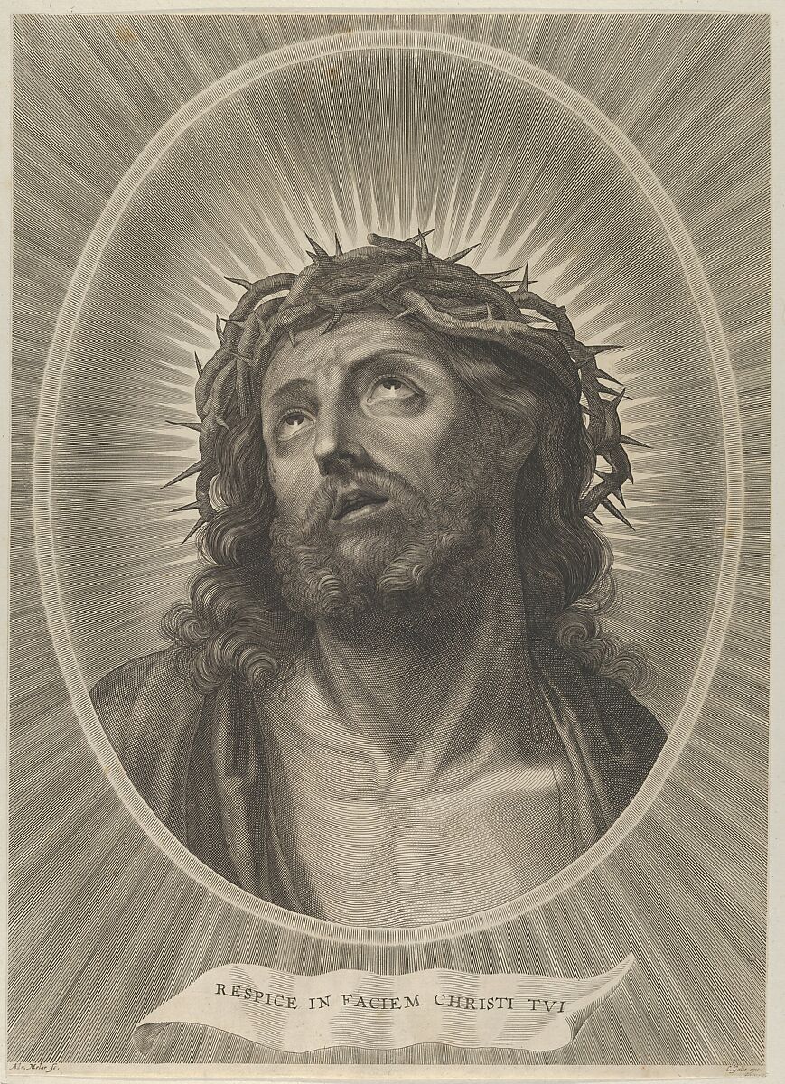 Head of Christ looking up with crown of thorns, in an oval frame, after Reni, Engraved by Adrian van Melar (Flemish, 1633–1667 Antwerp), Engraving 