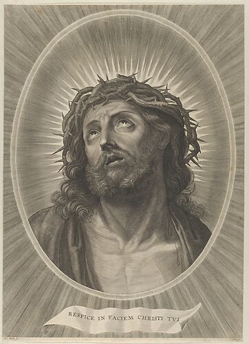 Head of Christ looking up with crown of thorns, in an oval frame, after Reni