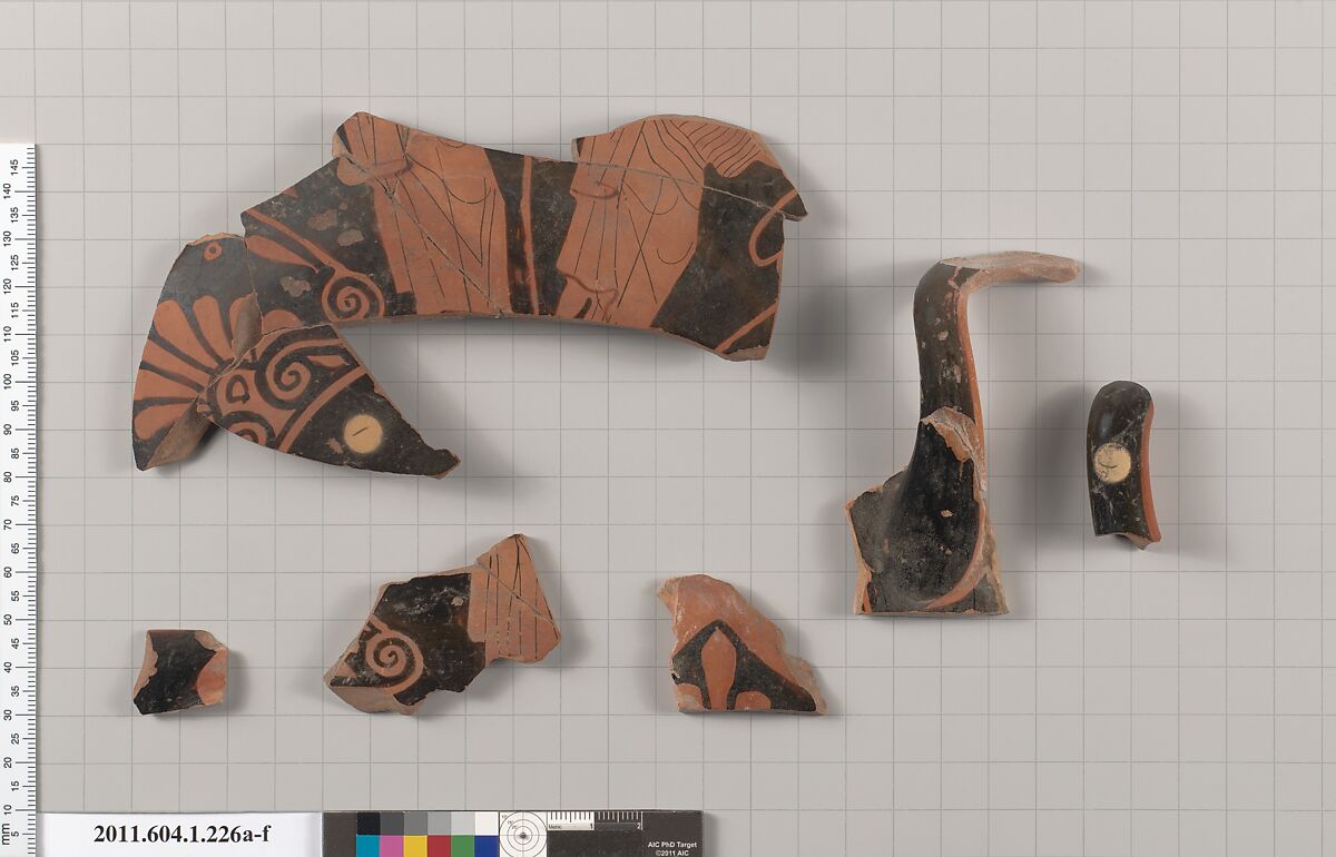 Terracotta fragments of a kylix (drinking cup), Terracotta, Greek, Attic