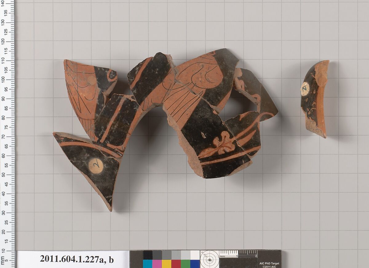 Terracotta fragments of a kylix (drinking cup), Terracotta, Greek, Attic