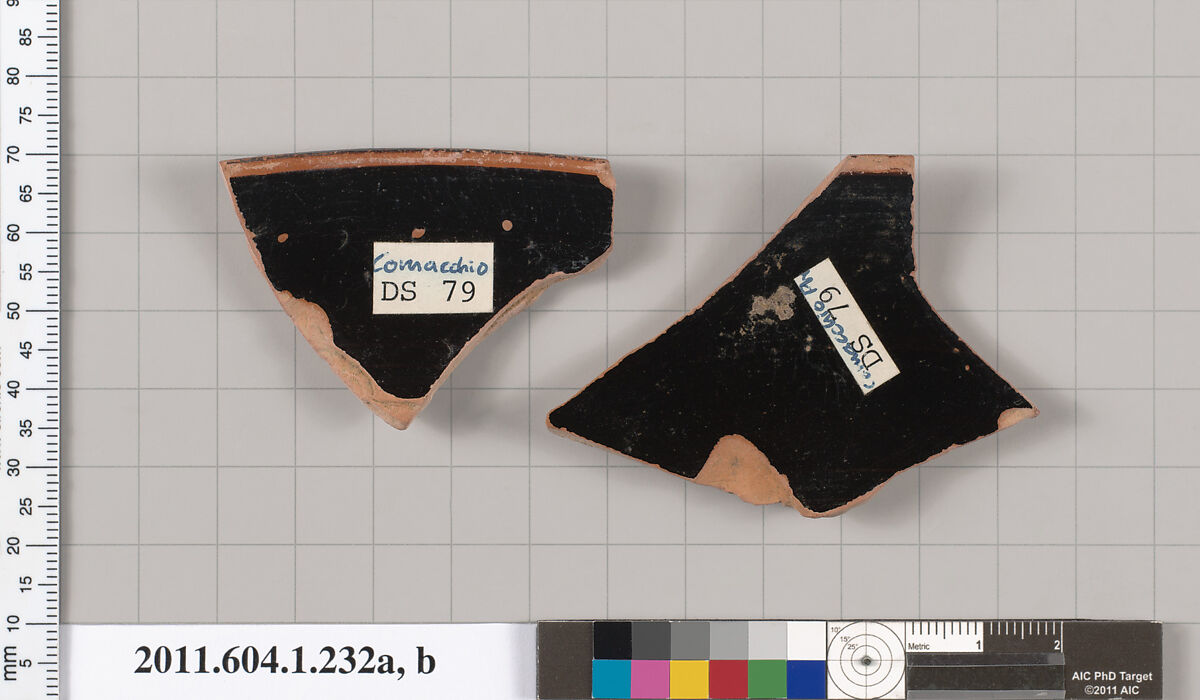 Terracotta fragments of a kylix (drinking cup), Terracotta, Greek, Attic