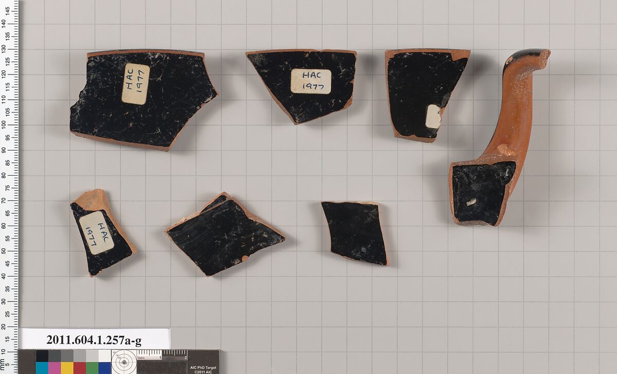 Terracotta fragments of a kylix (drinking cup), Terracotta, Greek, Attic