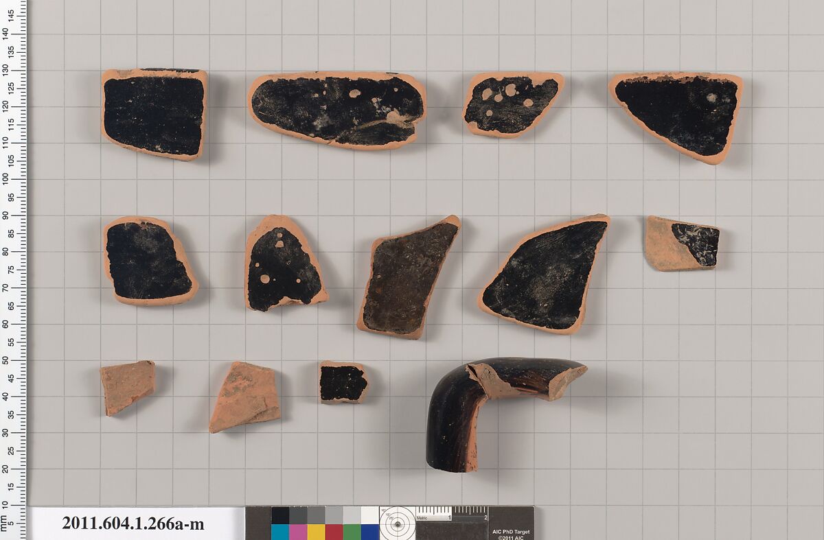Terracotta fragments of a kylix (drinking cup), Terracotta, Greek, Attic