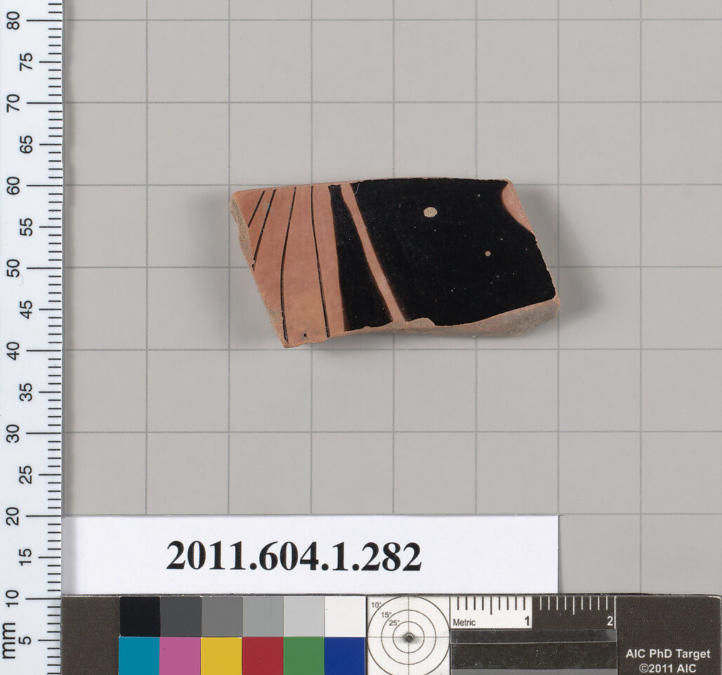 Terracotta fragment of a kylix (drinking cup), Terracotta, Greek, Attic 
