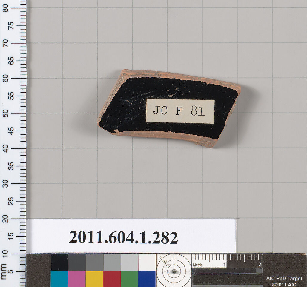 Terracotta fragment of a kylix (drinking cup), Terracotta, Greek, Attic