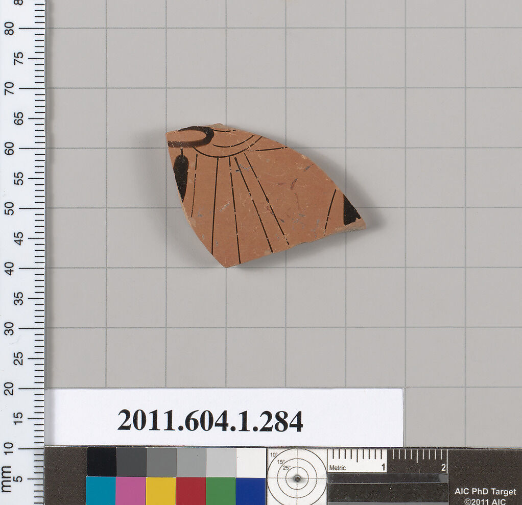 Terracotta fragment of a kylix (drinking cup), Terracotta, Greek, Attic 